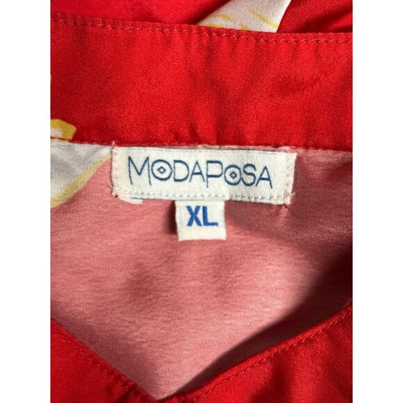 Red Long-Sleeve Bird Print Maxi Dress By Modaposa Button-Front With Tie Waist Wo - Picture 6 of 10